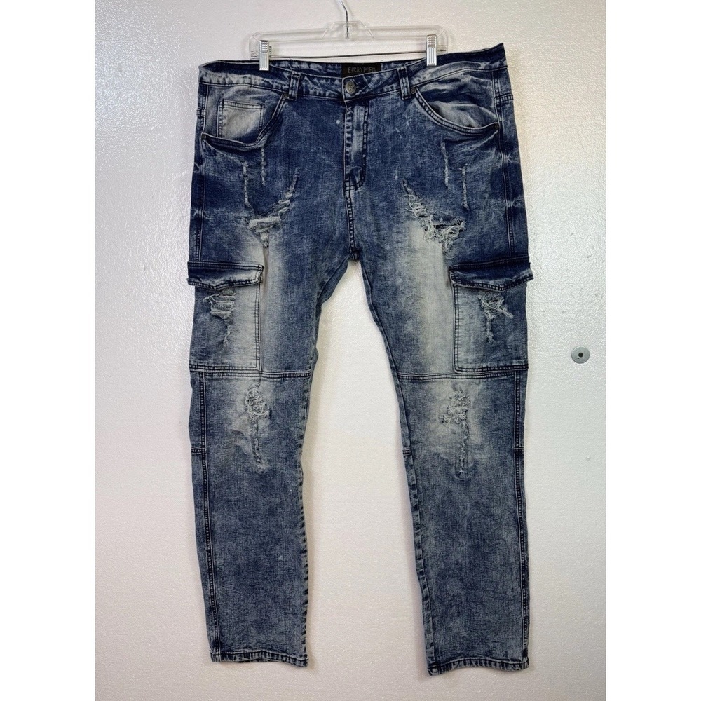 Encrypted Jeans‎ Mens 44x34 Blue Denim Straight Grunge Distressed Acid Wash
